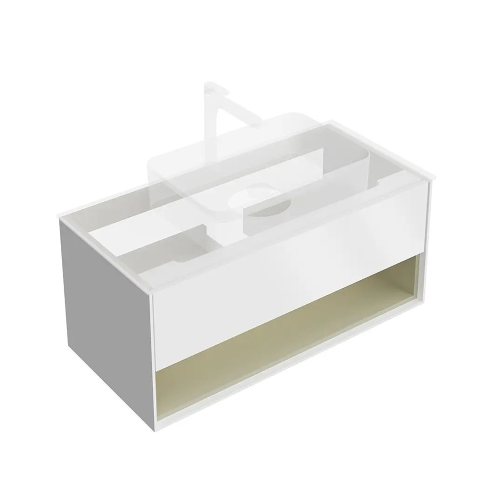 KMPMCb100MSg1 Тумба Plaza Modern/Плаза Модерн подвесная 100, нажимное открывание, 1 ящик, подсветка, белая матовая+шалфей