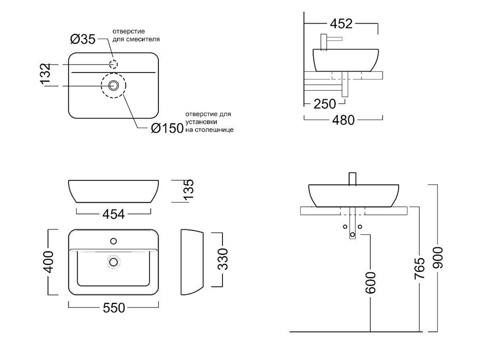 PLR.wb.55.1 Раковина Plaza/Плаза накладная 55, белая глянцевая