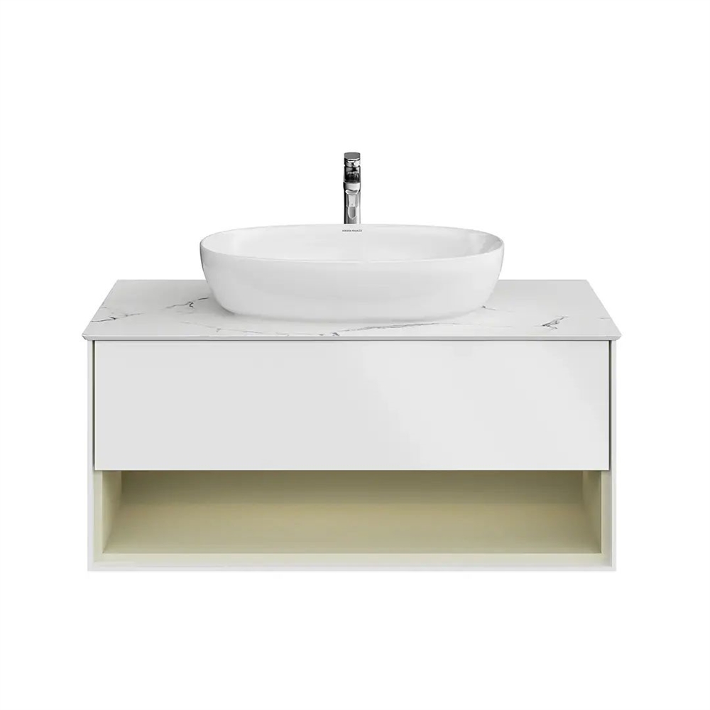KMPMCb100MSg1 Тумба Plaza Modern/Плаза Модерн подвесная 100, нажимное открывание, 1 ящик, подсветка, белая матовая+шалфей